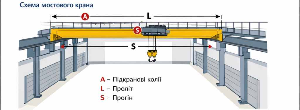 прогон, пролет, подкрановые колеи. кран